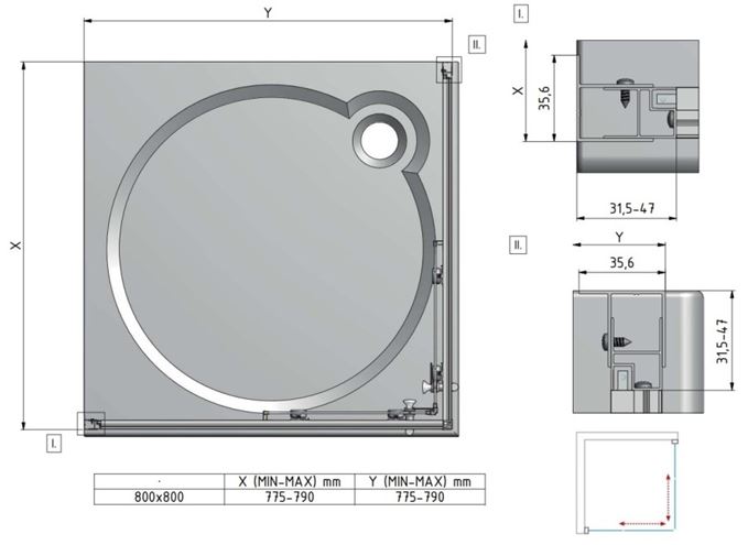 EASY ELS2 800 LH sprchový kout 80x80 cm, rohový vstup, posuvné dveře, brillant/sklo grape 543-8000000-00-11 Technický nákres