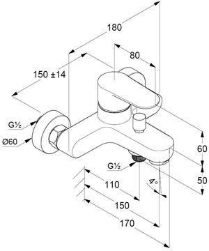 CONCEPT 100 vanová nástěnná baterie, s přepínačem, chrom 266910524 Technický nákres
