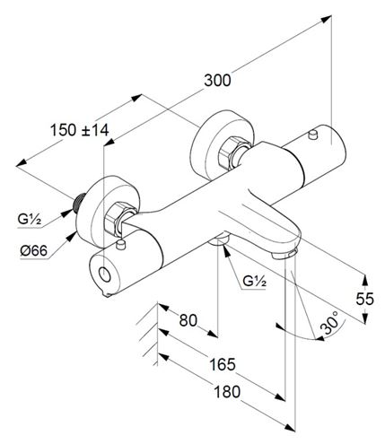 CONCEPT 100 vanová nástěnná termostatická baterie, s přepínačem, chrom 351050524 Technický nákres
