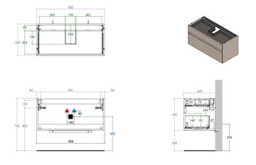 CATALANO PREMIUM skříňka pod umyvadlo 95,9x44,5x45 cm, 2 zásuvky, rovere combusto WUPP100CXGPG3408 Technický nákres