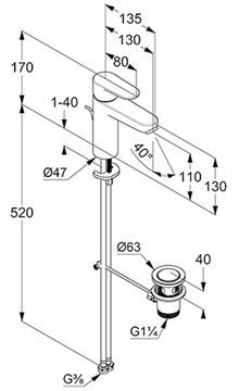CONCEPT 100 umyvadlová stojánková baterie, s odtokovou soupravou, chrom 262930524 Technický nákres