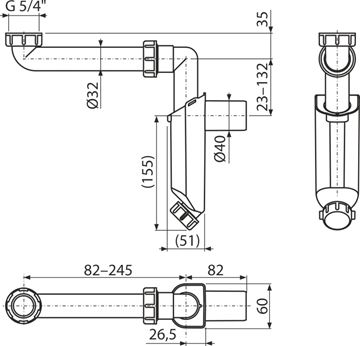 ALCA nábytkový sifon k umyvadlu DN40, s převlečnou maticí 5/4 A43S-DN40 Technický nákres