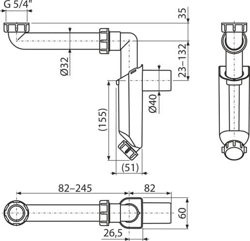 ALCA nábytkový sifon k umyvadlu DN40, s převlečnou maticí 5/4 A43S-DN40 Technický nákres