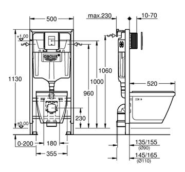 GROHE SOLIDO PERFECT závěsné WC s montážním prvkem Solido Perfect, SoftClose sedátko, chromové tlačítko 39186000 Technický nákres