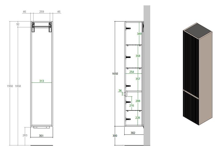 CATALANO ZERO R vysoká skříňka 35,1x30,2x165 cm, 2 dvířka, panty vpravo, rovere cera HSZRDXPG3483 Technický nákres