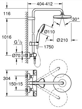 GROHE TEMPESTA SYSTEM 210 sprchový set s termostatickou baterií, horní sprcha, ruční sprcha se 2 proudy, tyč, hadice, chrom 1348410000 Technický nákres