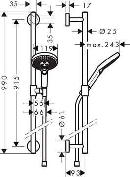 HANSGROHE RAINDANCE SELECT S 120 3JET sprchová souprava 3-dílná, ruční sprcha pr. 120 mm, 3 proudy, tyč, hadice, chrom 26322000 Technický nákres