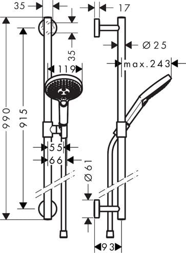 HANSGROHE RAINDANCE SELECT S 120 3JET sprchová souprava 3-dílná, ruční sprcha pr. 120 mm, 3 proudy, tyč, hadice, chrom 26322000 Technický nákres