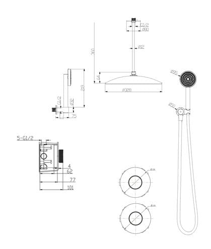 EASY+ SELECTION sprchový set s podomítkovou baterií, horní sprcha, ruční sprcha, hadice, držák, broušené zlato EASP-04331-BG Technický nákres