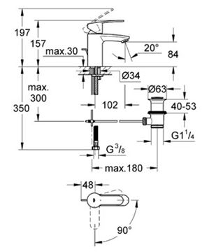 GROHE EUROSTYLE COSMOPOLITAN umyvadlová stojánková baterie, s odtokovou soupravou, studený start, chrom 2337420E Technický nákres