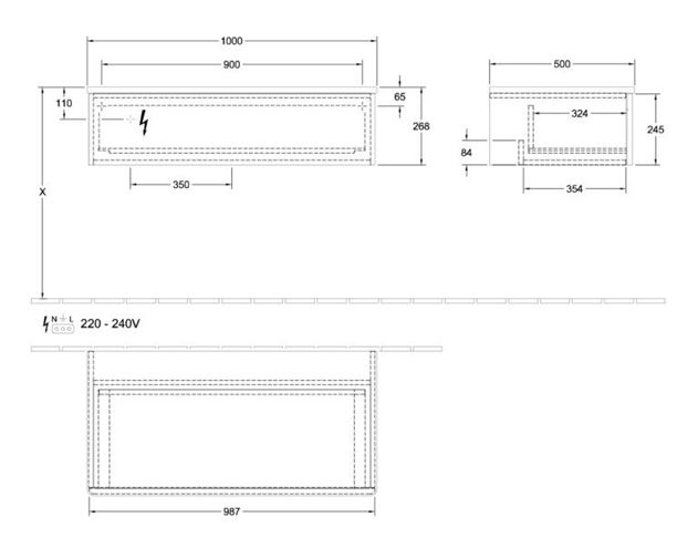VILLEROY & BOCH ANTAO nízká skříňka 100x26,8x50 cm, 1 zásuvka, s osvětlením, Honey Oak L40003HN Technický nákres