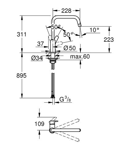 GROHE EUROSMART dřezová baterie, sklopná pod okno, chrom 30618000 Technický nákres