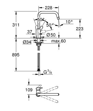 GROHE EUROSMART dřezová baterie, sklopná pod okno, chrom 30618000 Technický nákres