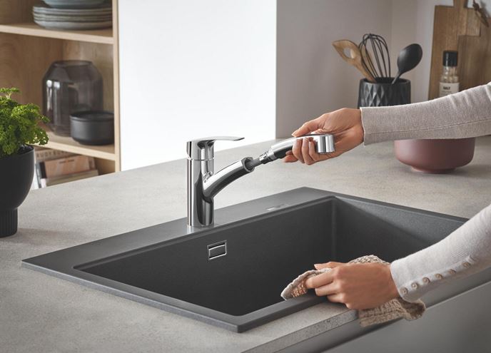 GROHE EUROSMART dřezová baterie, s vytahovací sprškou, sklopná pod okno, chrom 1012320000 Obrázek - fotka