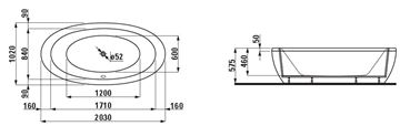 LAUFEN ILBAGNOALESSI volně stojící vana 203x102 cm, hydromasážní, senzor, LED osvětlení, akrylát H2419700006751 Technický nákres