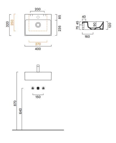 CATALANO PREMIUM umývátko 40 cm, s otvorem pro baterii, bez přepadu, Cataglaze+Silver Titanium 0220421001 Technický nákres