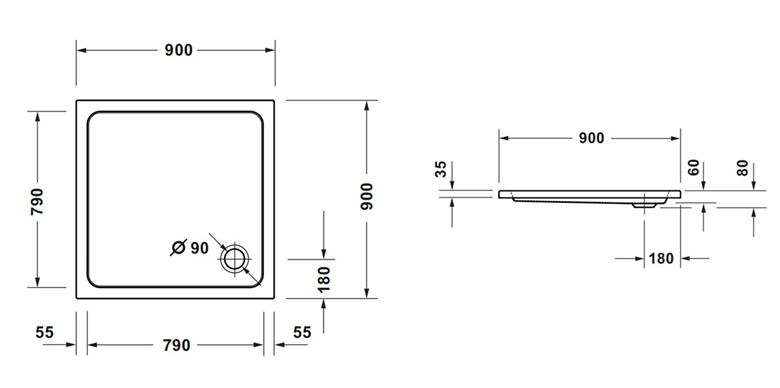 CONCEPT 100 NEW sprchová vanička 90x90 cm, akrylát, bez nožiček 720389000000000 Technický nákres