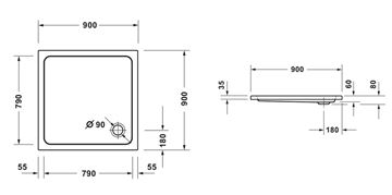 CONCEPT 100 NEW sprchová vanička 90x90 cm, akrylát, bez nožiček 720389000000000 Technický nákres
