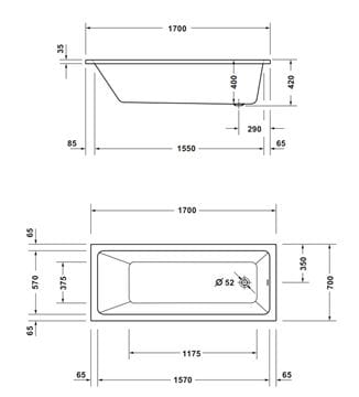 CONCEPT 100 NEW vana 170x70 cm, bez nožiček, akrylát 700738000000000 Technický nákres