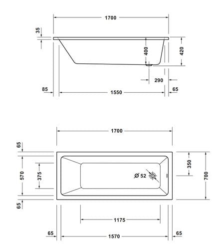 CONCEPT 100 NEW vana 170x70 cm, bez nožiček, akrylát 700738000000000 Technický nákres