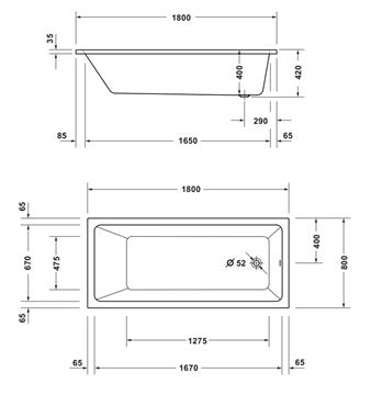 CONCEPT 100 NEW vana 180x80 cm, bez nožiček, akrylát 700724000000000 Technický nákres