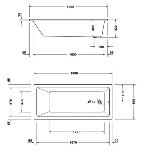 CONCEPT 100 NEW vana 180x80 cm, bez nožiček, akrylát 700724000000000 Technický nákres