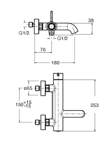 CONCEPT 300 ROUND vanová nástěnná baterie, s přepínačem, PVD, kartáčované růžové zlato CRIPH18734PCON Technický nákres