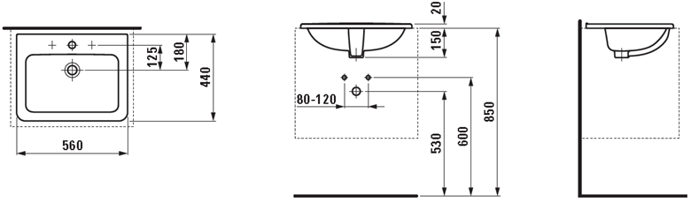 LAUFEN PRO A umyvadlo 56 cm, s otvorem pro baterii, bez přepadu H8139610001041 Technický nákres