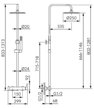 NOVASERVIS FERRO CIRICULUS sprchový set s baterií, horní sprcha, ruční sprcha, tyč, hadice, gun metal NP85-BCK7UGM Technický nákres