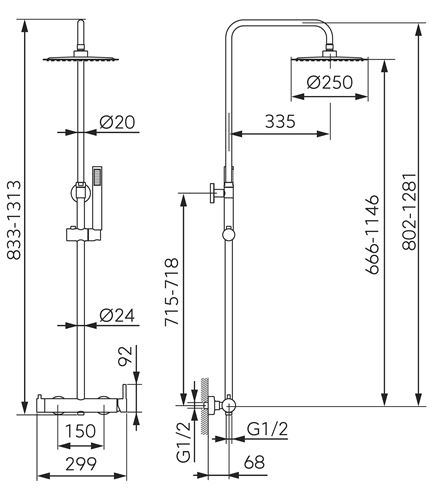 NOVASERVIS FERRO CIRICULUS sprchový set s baterií, horní sprcha, ruční sprcha, tyč, hadice, gun metal NP85-BCK7UGM Technický nákres