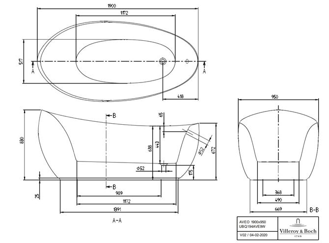 VILLEROY & BOCH AVEO volně stojící vana 190x95 cm, quaryl, bílá alpin UBQ194AVE9W1V-01 Technický nákres