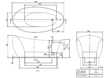 VILLEROY & BOCH AVEO volně stojící vana 190x95 cm, quaryl, bílá alpin UBQ194AVE9W1V-01 Technický nákres