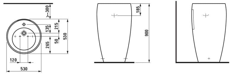 LAUFEN ILBAGNOALESSI ONE umyvadlo na podlahu 53 cm, s otvorem pro baterii, skrytý přepad, LCC H8119724001041 Technický nákres