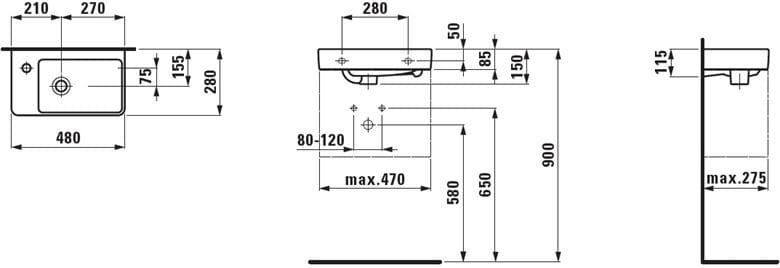 LAUFEN PRO S umývátko 48 cm, s otvorem pro baterii vlevo a přepadem H8159554001041 Technický nákres