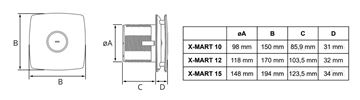 CATA X-MART 12 T INOX axiální ventilátor 120 mm, nástěnný/stropní/do okna, s časovačem a zpětnou klapkou, nerez 01051000 Technický nákres