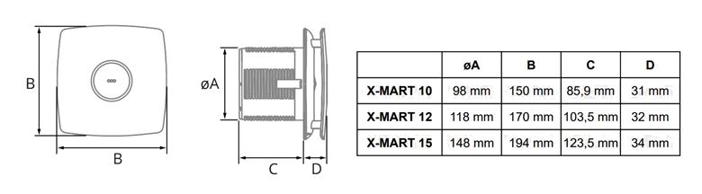 CATA X-MART 12 H INOX axiální ventilátor 120 mm, nástěnný/stropní/do okna, s časovačem, čidlem vlhkosti a zpětnou klapkou, nerez 01054000 Technický nákres