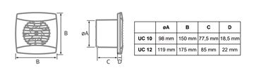 CATA UC 10 axiální ventilátor 100 mm, nástěnný/stropní, se zpětnou klapkou 01200000 Technický nákres
