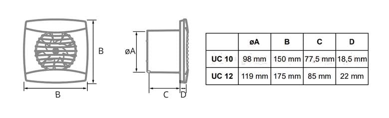 CATA UC 10 BLACK axiální ventilátor 100 mm, nástěnný/stropní, se zpětnou klapkou, černá 01256000 Technický nákres