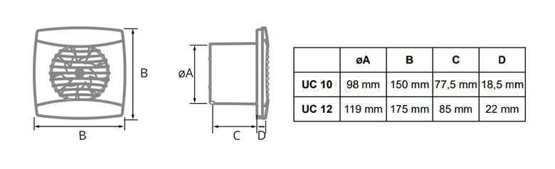 CATA UC 12 T axiální ventilátor 120 mm, nástěnný/stropní, s časovačem a zpětnou klapkou 01300100 Technický nákres