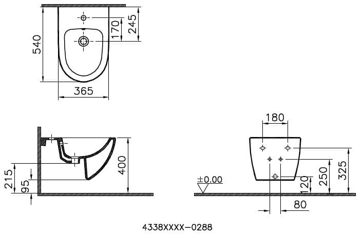 VITRA SENTO závěsný bidet, VitrAhygiene 4338B003-1046 Technický nákres