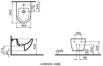 VITRA SENTO závěsný bidet, VitrAhygiene 4338B003-1046 Technický nákres