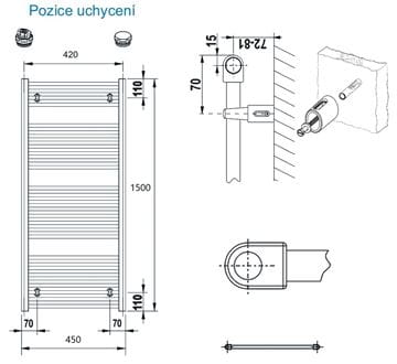 CONCEPT 100 KTK koupelnový radiátor 1500/450, boční připojení, bílá RAL9016 KTK-150045-11-10 Technický nákres