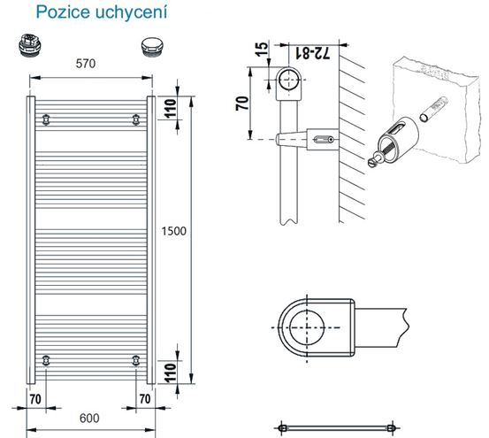 CONCEPT 100 KTK koupelnový radiátor 1500/600, boční připojení, bílá RAL9016 KTK-150060-11-10 Technický nákres