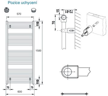 CONCEPT 100 KTK koupelnový radiátor 1500/600, boční připojení, bílá RAL9016 KTK-150060-11-10 Technický nákres