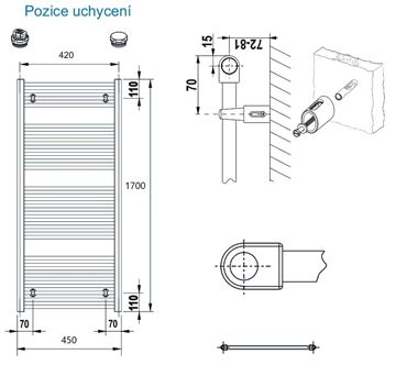 CONCEPT 100 KTK koupelnový radiátor 1700/450, boční připojení, bílá RAL9016 KTK-170045-11-10 Technický nákres
