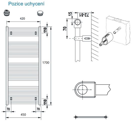 CONCEPT 100 KTK koupelnový radiátor 1700/450, boční připojení, bílá RAL9016 KTK-170045-11-10 Technický nákres