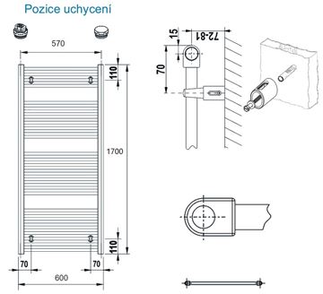 CONCEPT 100 KTK koupelnový radiátor 1700/600, boční připojení, bílá RAL9016 KTK-170060-11-10 Technický nákres