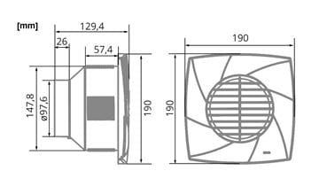 CATA CB-100 PLUS T radiální ventilátor 97,6 mm, nástěnný/stropní, s časovačem a zpětnou klapkou 00841000 Technický nákres