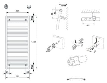 CONCEPT 100 KTO koupelnový radiátor 1340/600, boční připojení, bílá RAL9016 KTO-134060-11-10 Technický nákres