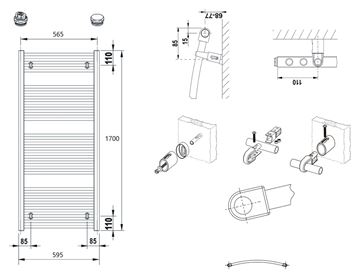 CONCEPT 100 KTO koupelnový radiátor 1700/600, boční připojení, bílá RAL9016 KTO-170060-11-10 Technický nákres